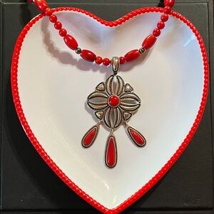 Carolyn Pollack Red Beaded Necklace with Silver Floral Pendant